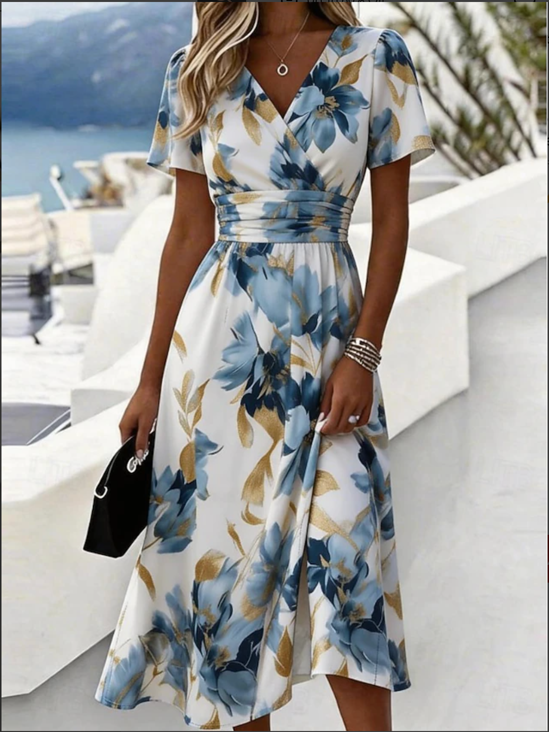 Watercolour floral midi dress wrap V-neckline side view
