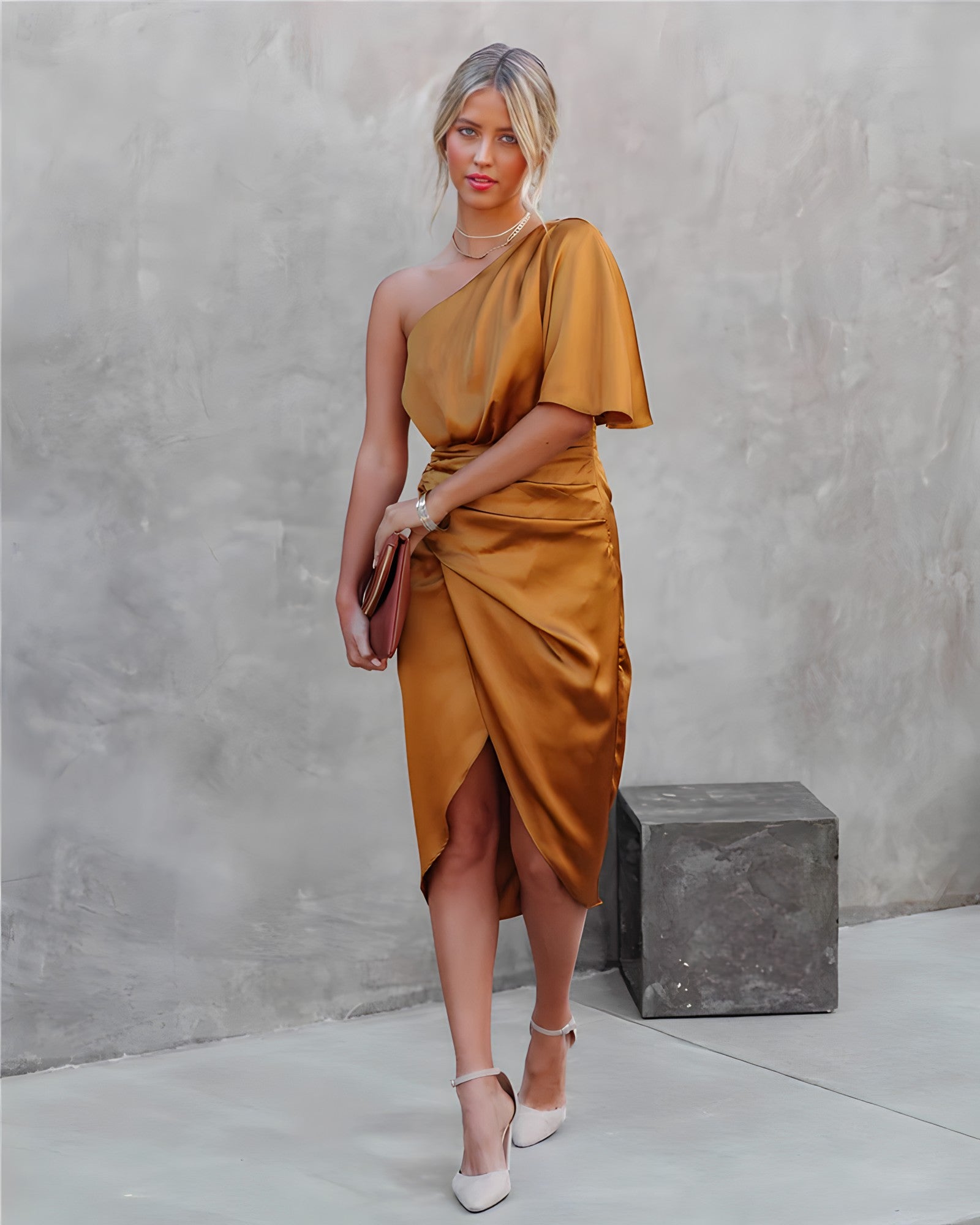 Women's one shoulder satin dress movement close-up