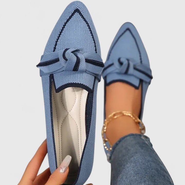 Pointed toe knot loafers in blue – women's slip-on flat shoes contrast trim