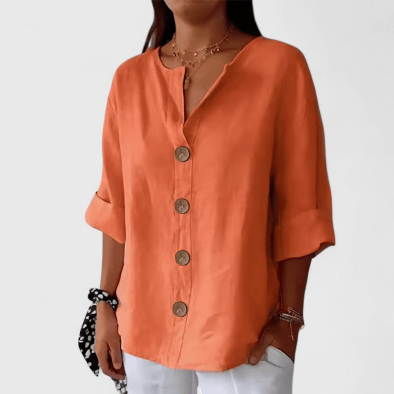 Women's Cathlyn tunic blouse in army green, back view