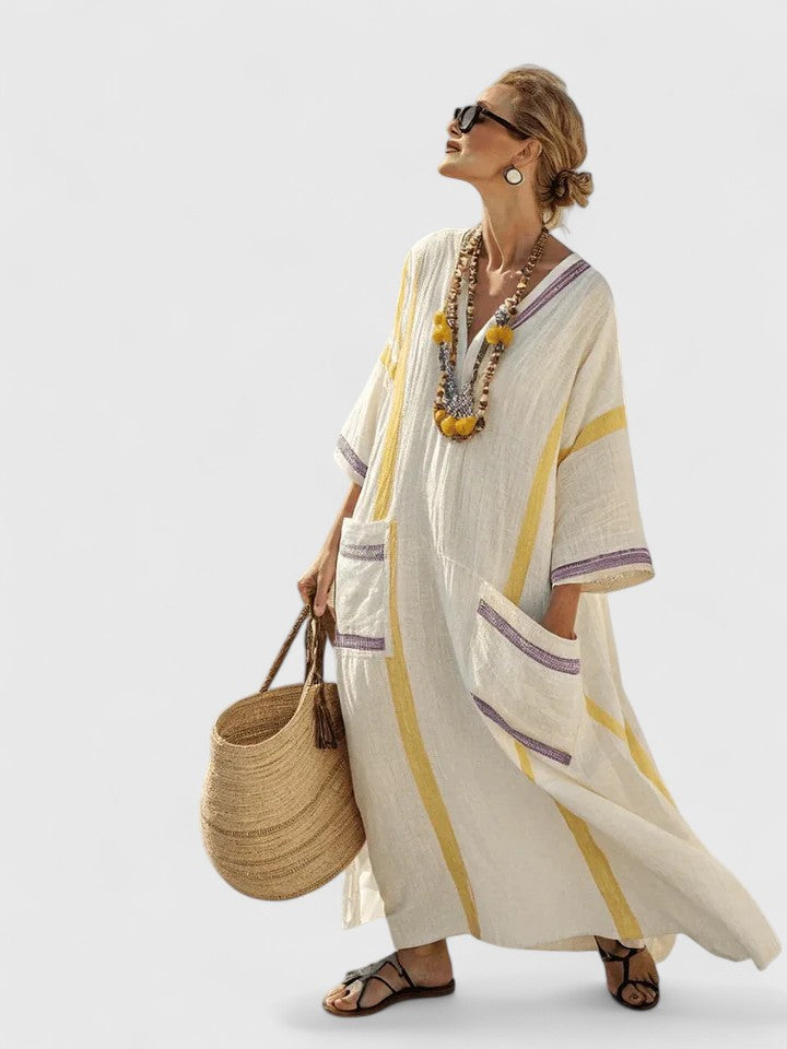 Women's striped kaftan maxi dress, full-length back view