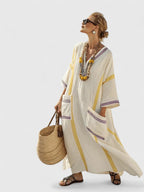 Women's striped kaftan maxi dress, full-length back view