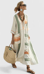 Women's boho casual striped kaftan maxi dress, styled front view