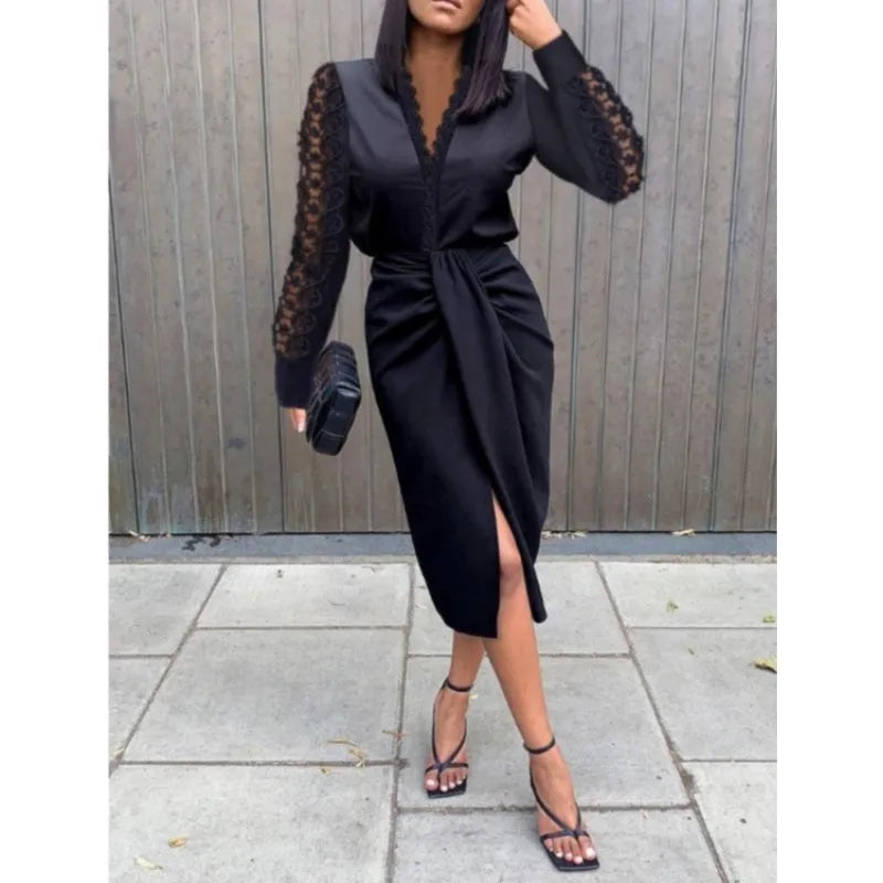 Lace trim long sleeve side slit midi dress | Alba Muse