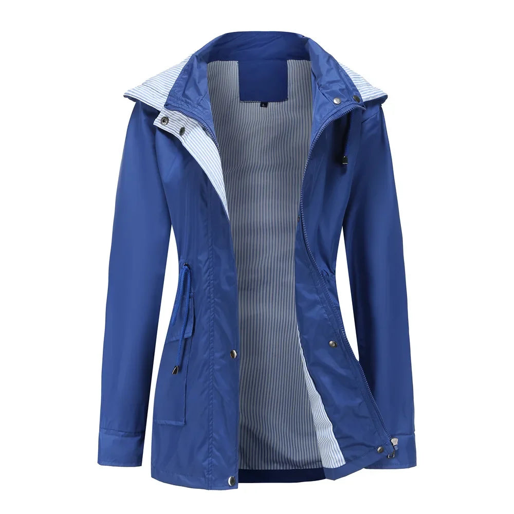 Water resistant detachable hood trench coat with a striped inner lining