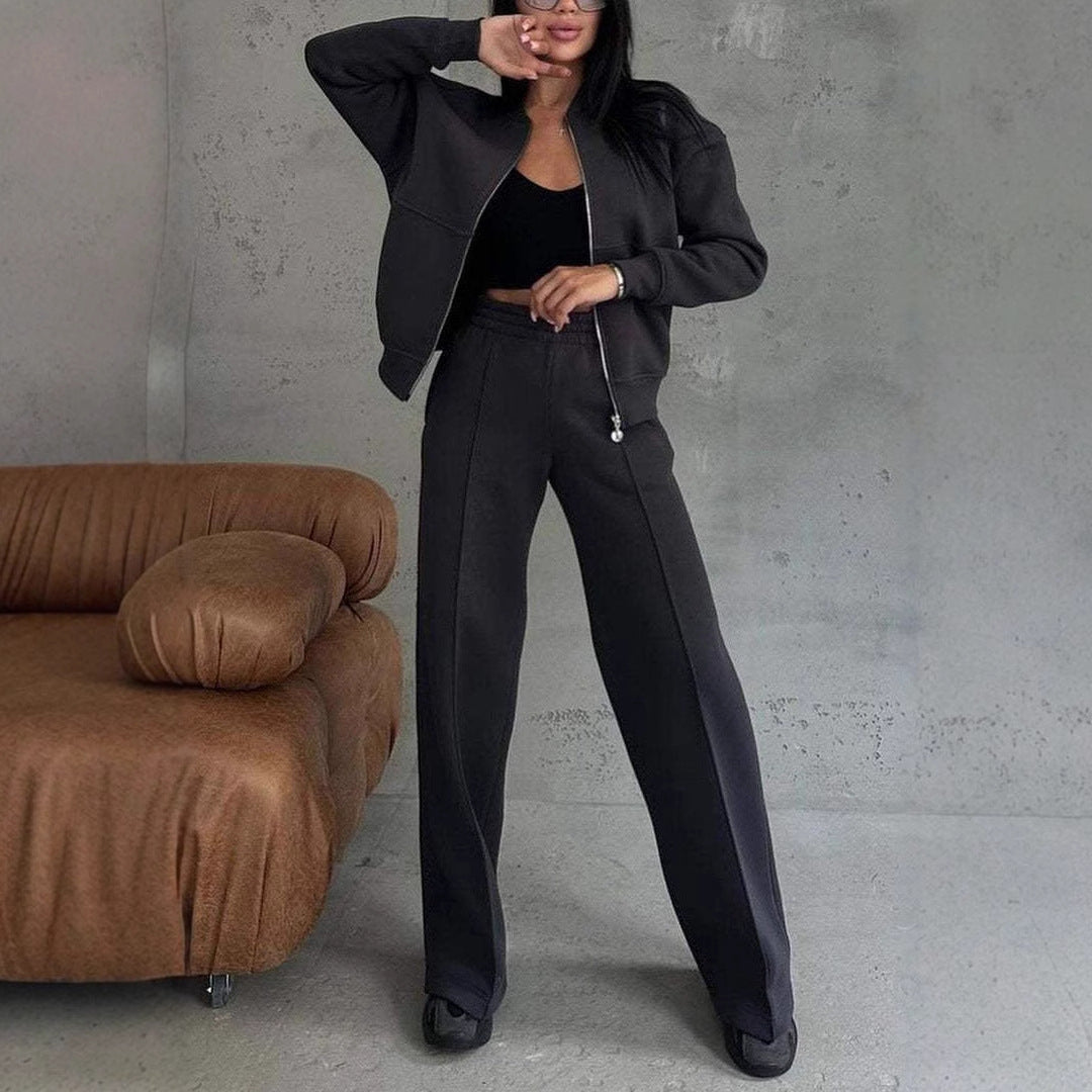 Black zip-front jacket and trousers Co-Ord Set, front view