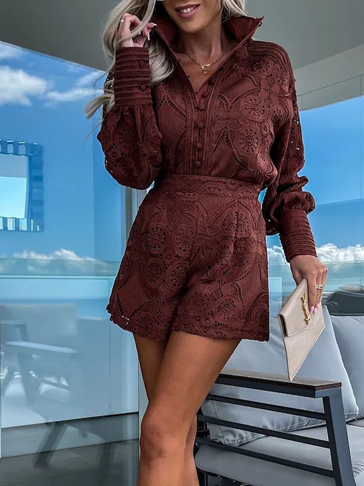 Lace Blouse and High-Waist Shorts Co-ord Set