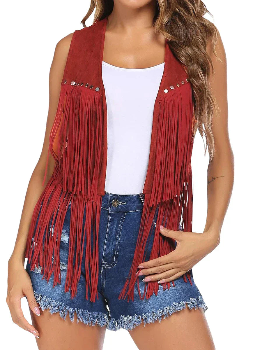Brown Vintage Style Fringe Vest Women | Alba Muse