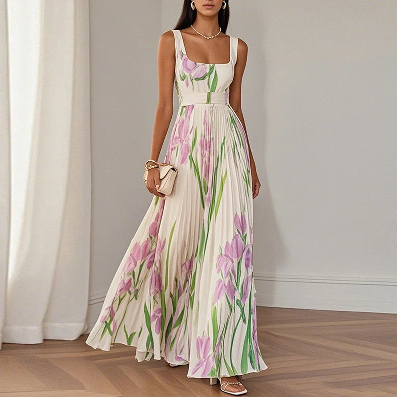Women's square neck pleated maxi dress in apricot floral print, side view