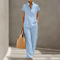 Women's linen matching co-ord set in light blue, front view