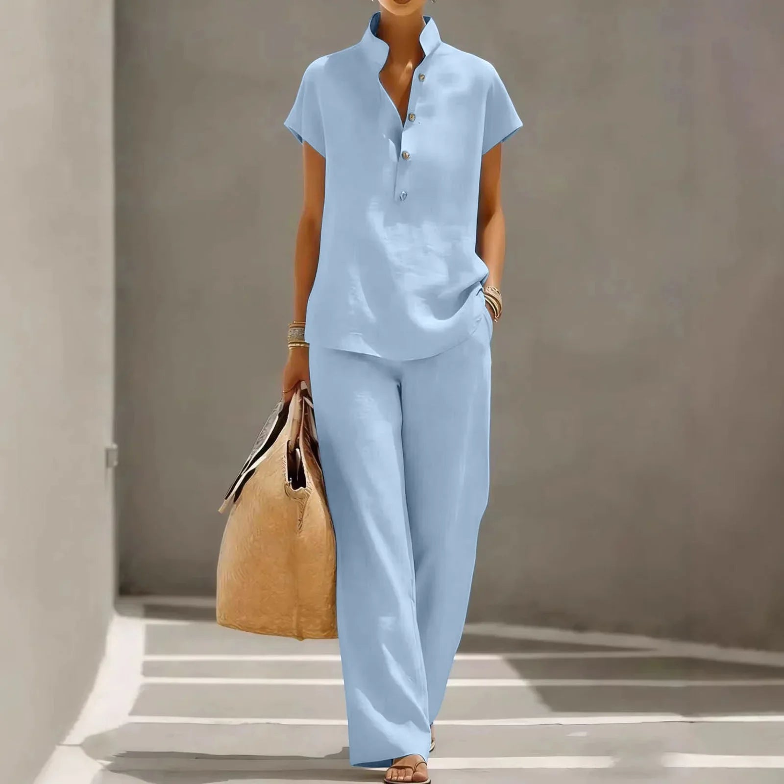 Women's linen matching co-ord set in light blue, front view