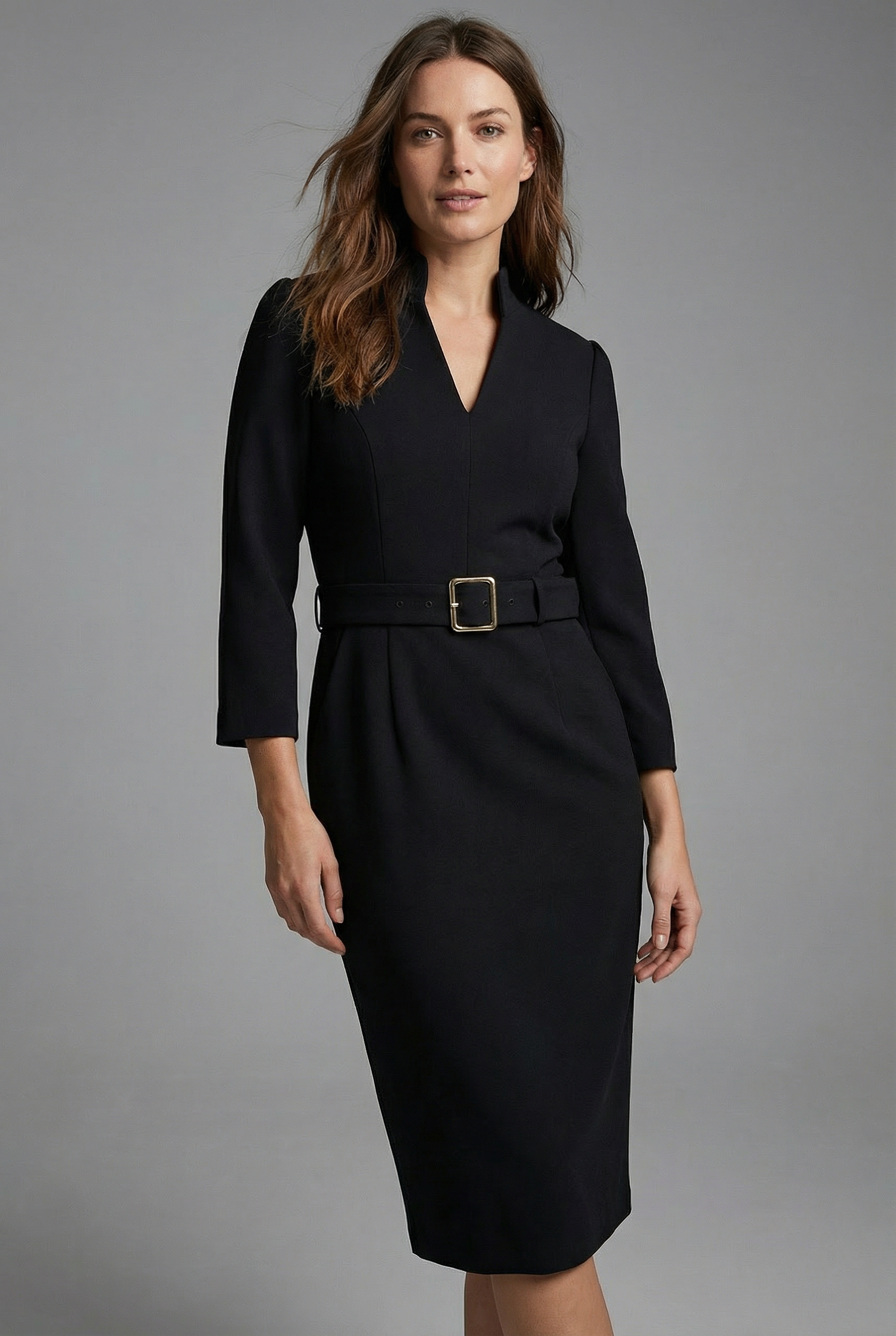 Women’s Black Long Sleeve Midi Dress with Belt