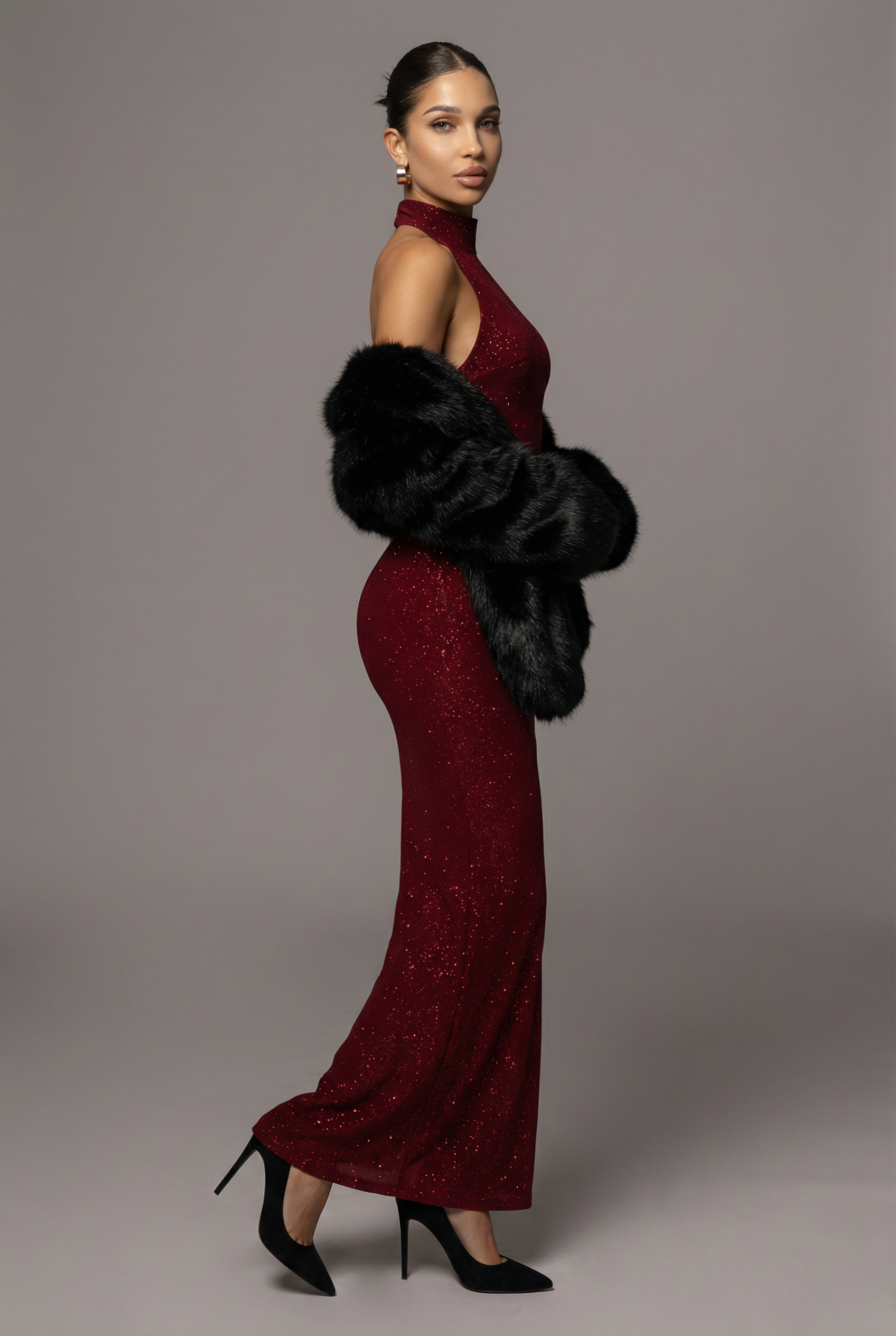 Women’s Wine Red Glitter Sparkle Maxi Dress