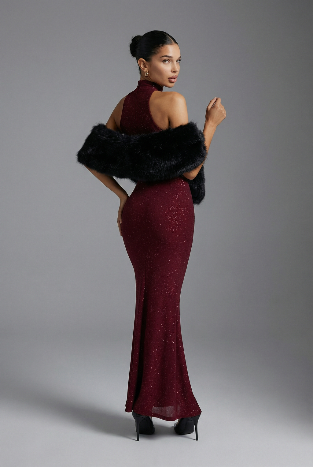 Women’s Wine Red Glitter Sparkle Maxi Dress