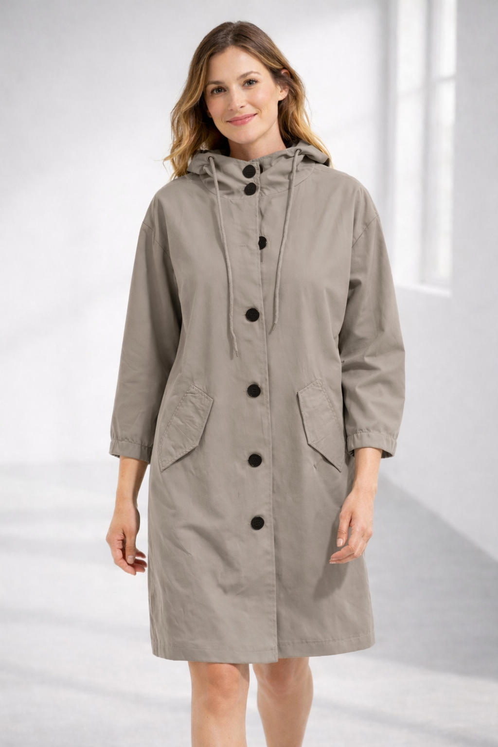 Beige mid-length hooded Jacket