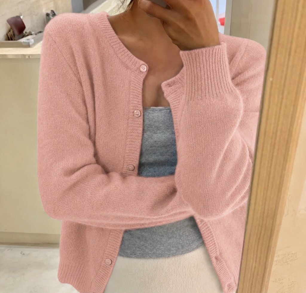 Gray soft knit cardigan with button-front and round neckline