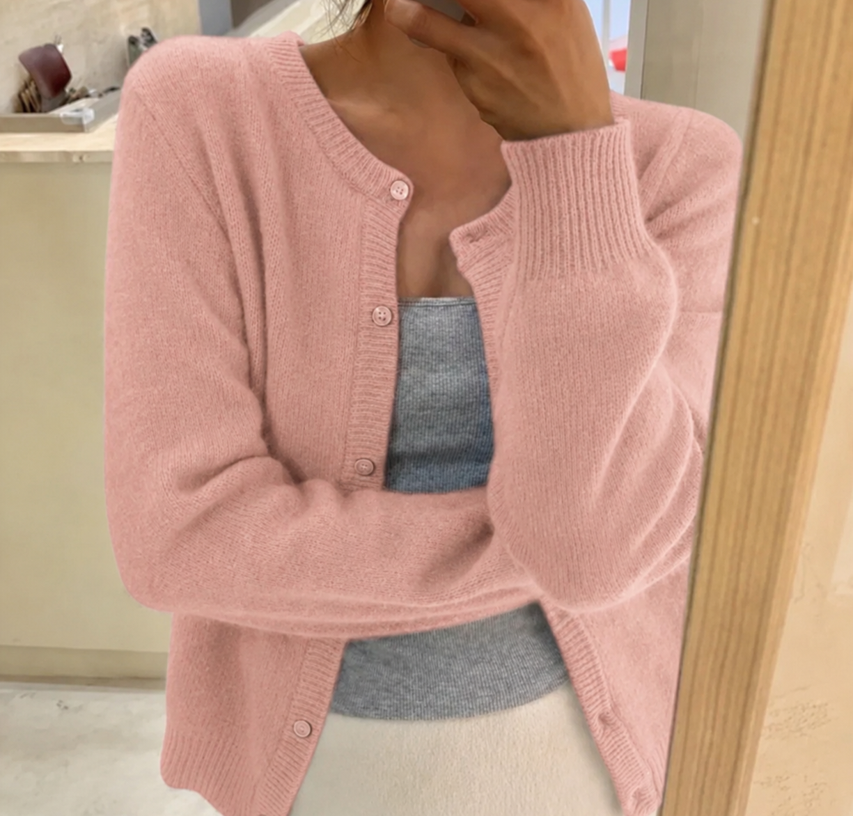 Gray soft knit cardigan with button-front and round neckline