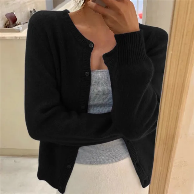 Gray soft knit cardigan with button-front and round neckline