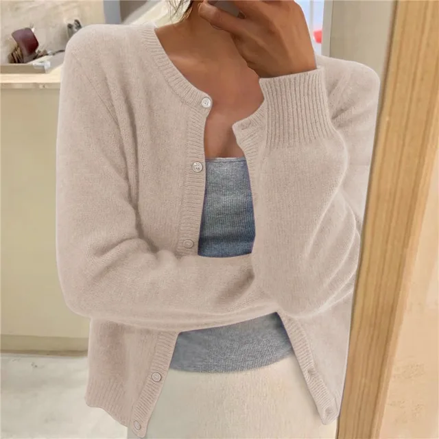 Gray soft knit cardigan with button-front and round neckline