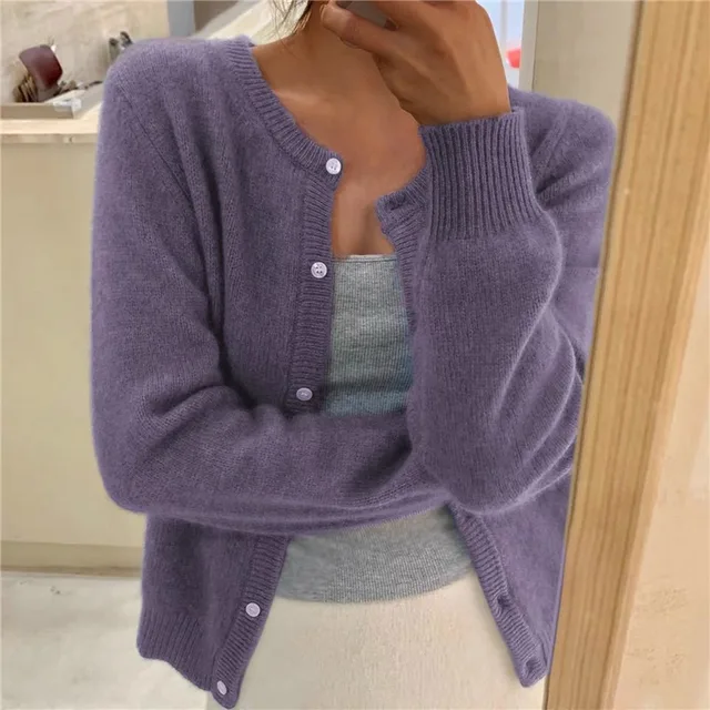 Gray soft knit cardigan with button-front and round neckline