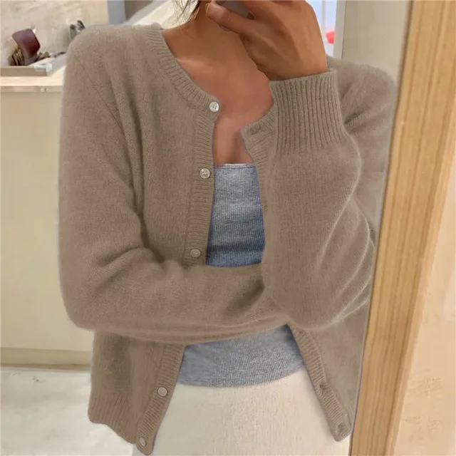 Gray soft knit cardigan with button-front and round neckline
