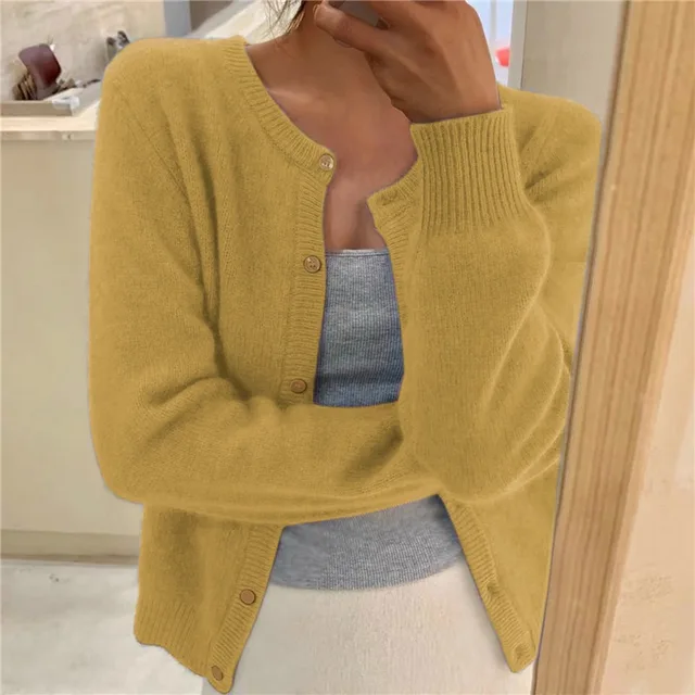 Gray soft knit cardigan with button-front and round neckline