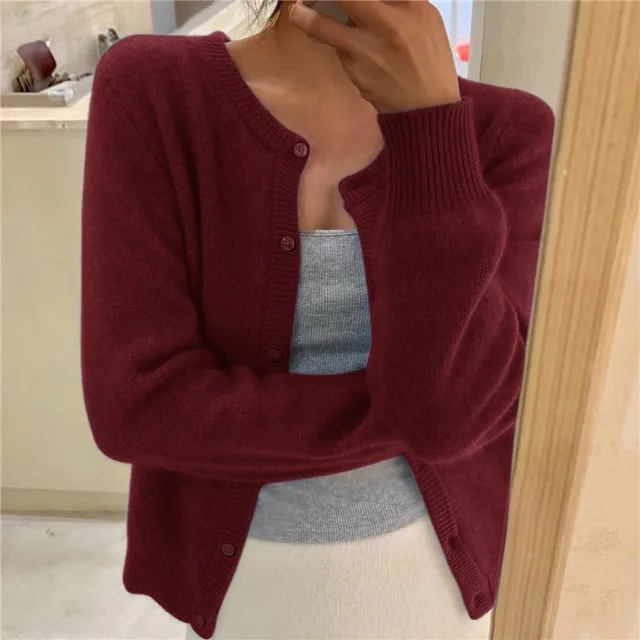Gray soft knit cardigan with button-front and round neckline