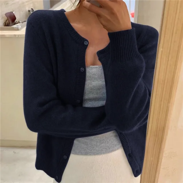 Gray soft knit cardigan with button-front and round neckline