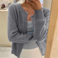 Gray soft knit cardigan with button-front and round neckline, front view