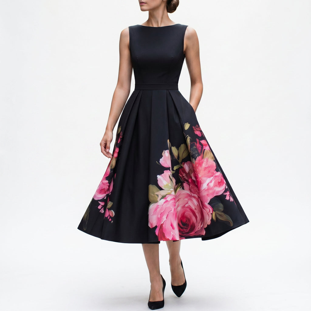 Elegant black midi cocktail dress, front view