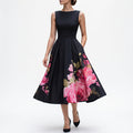 Elegant black midi cocktail dress, front view
