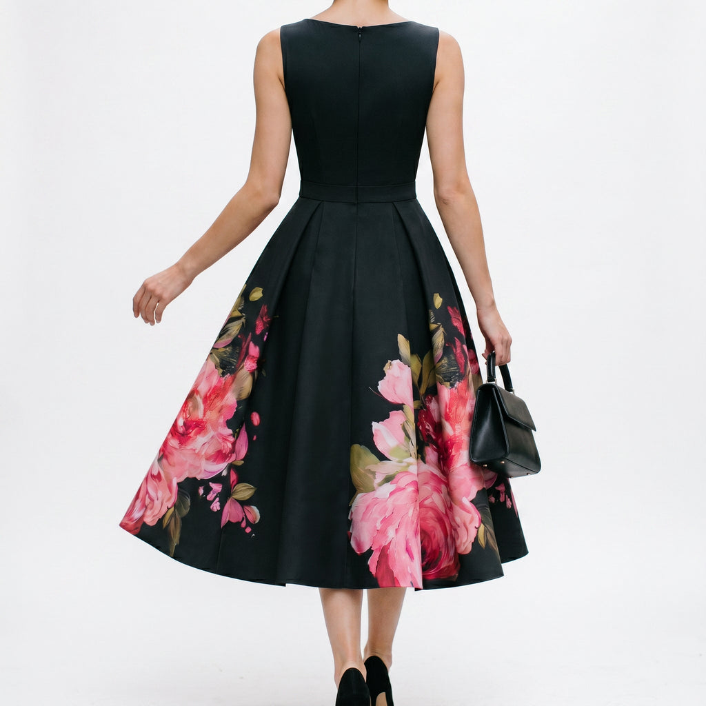 Elegant black midi cocktail dress, side view