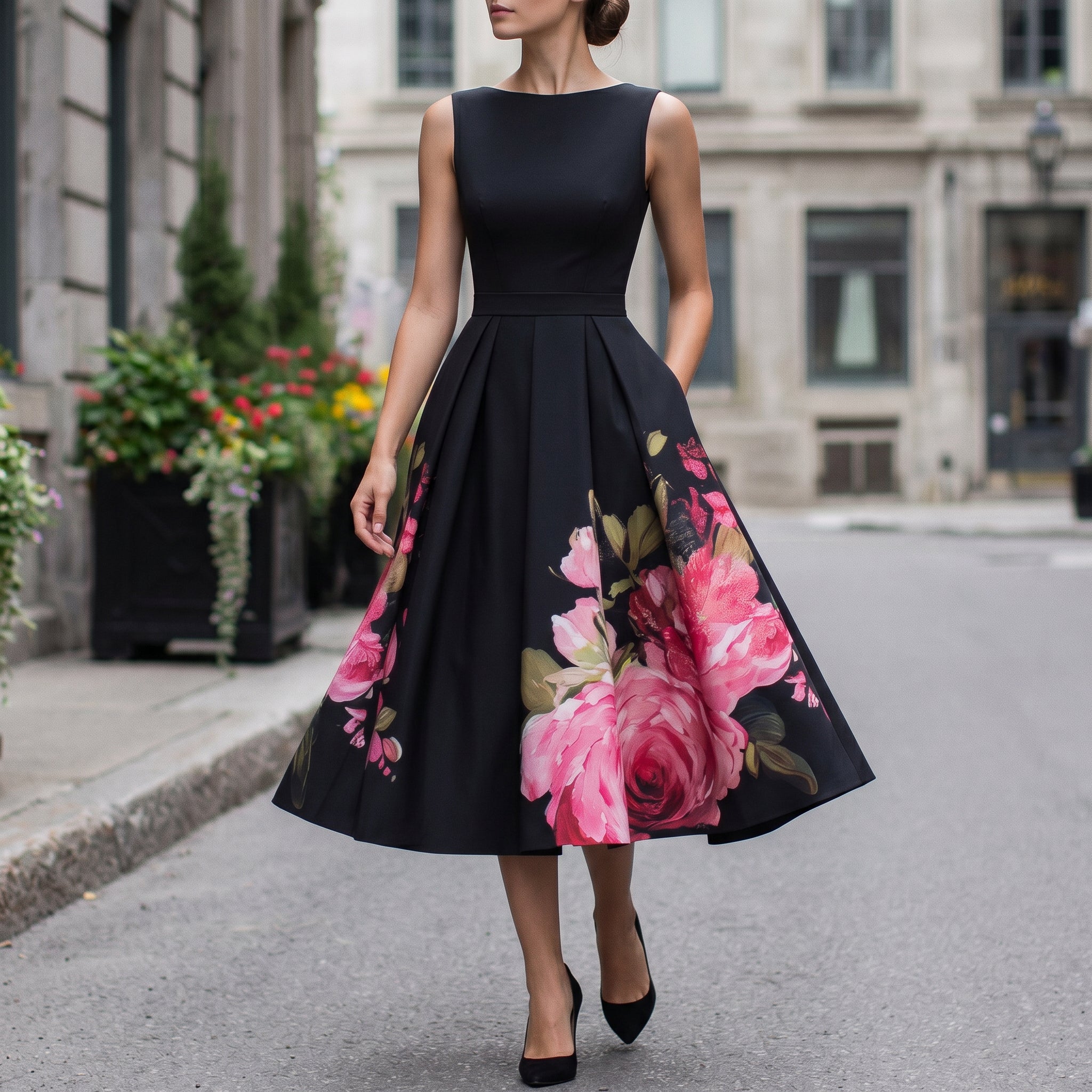 Elegant black midi cocktail dress, back view