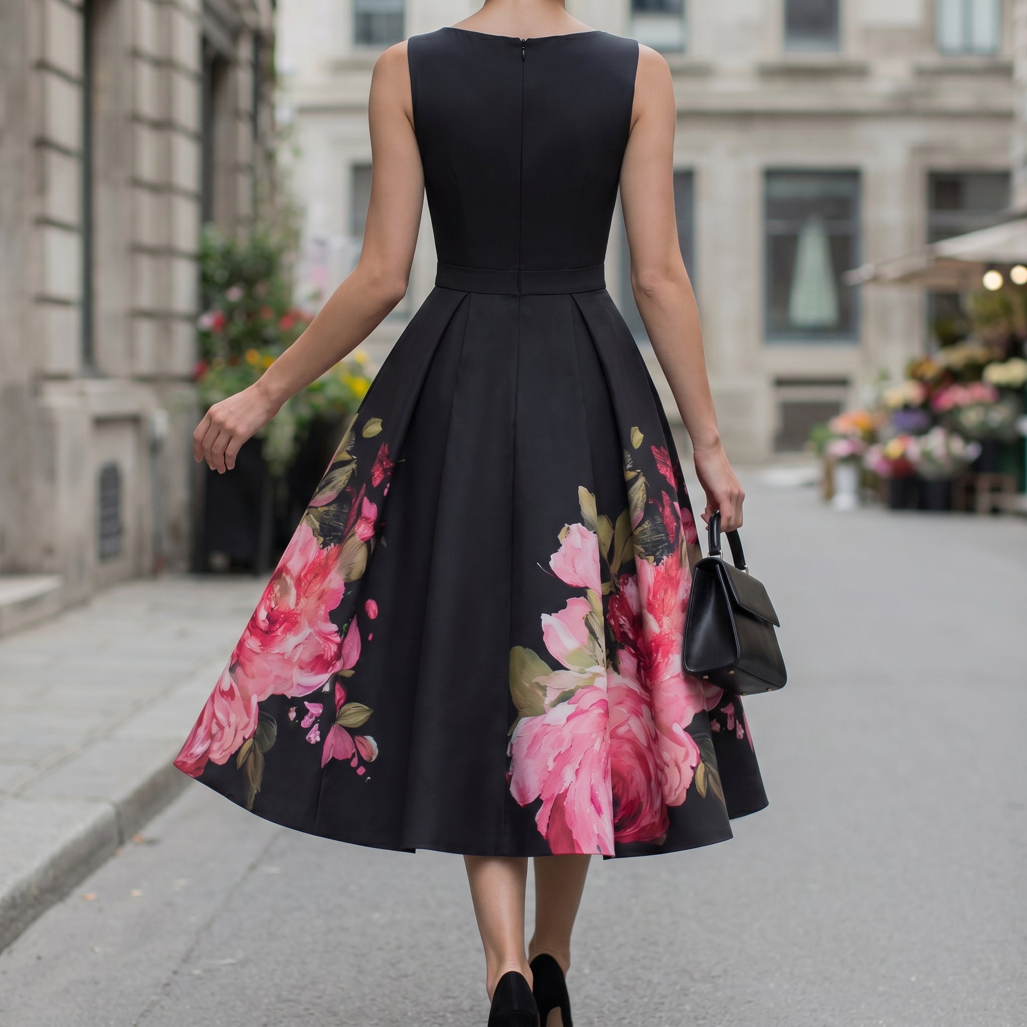 Elegant black midi cocktail dress, lifestyle view