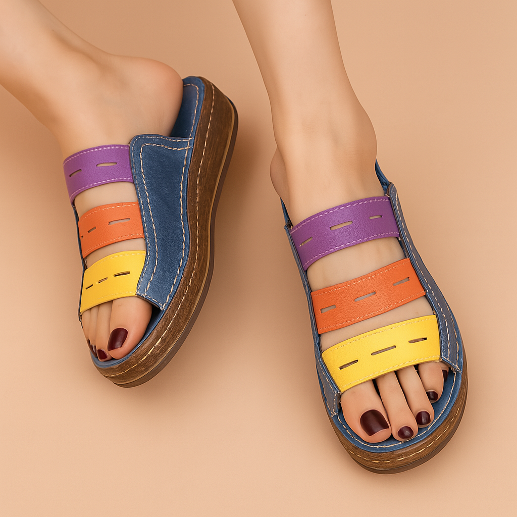 Bright wedge sandals back view