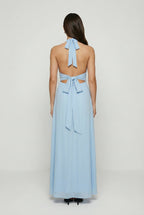 Halter neck backless maxi dress in light blue – bow tie back detail view