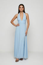 Women's halter neck backless maxi dress in light blue – deep V front view