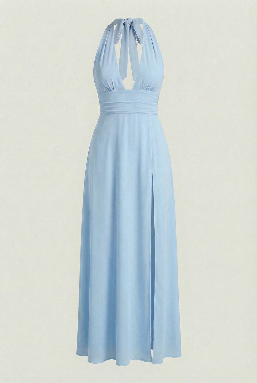 Light blue backless halter maxi dress – high slit front detail view