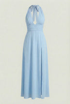 Light blue backless halter maxi dress – high slit front detail view