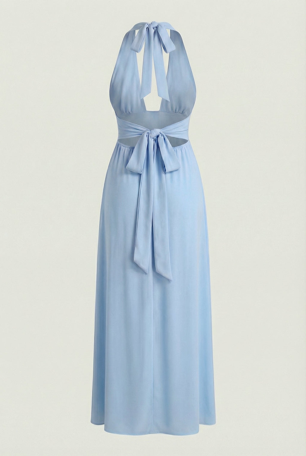 Women's halter neck backless maxi dress in light blue – bow tie close up