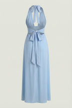 Women's halter neck backless maxi dress in light blue – bow tie close up
