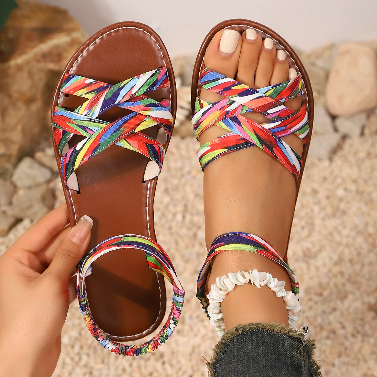 Women's criss-cross strap vegan sandals on model, lifestyle shot