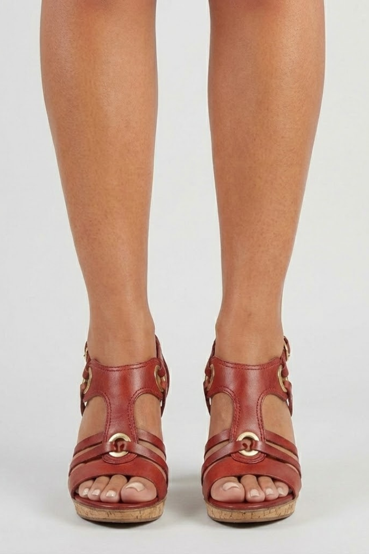 Women's Red Buckle Strap Sandals — worn on model