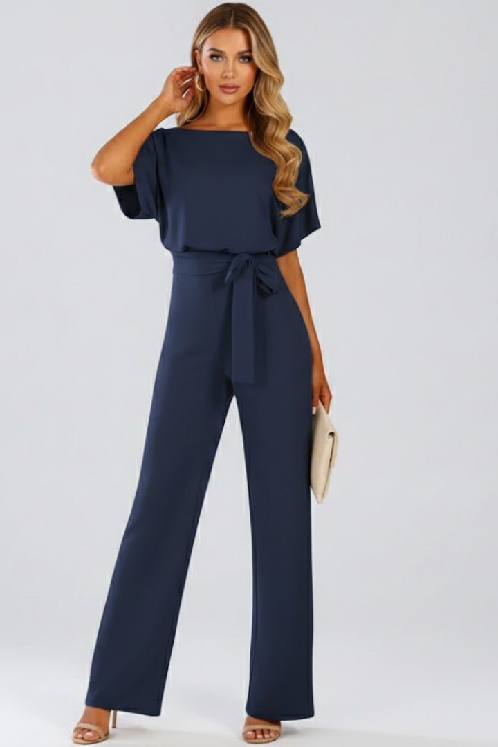 Round Neck Tie-Waist Jumpsuit with Wide Legs