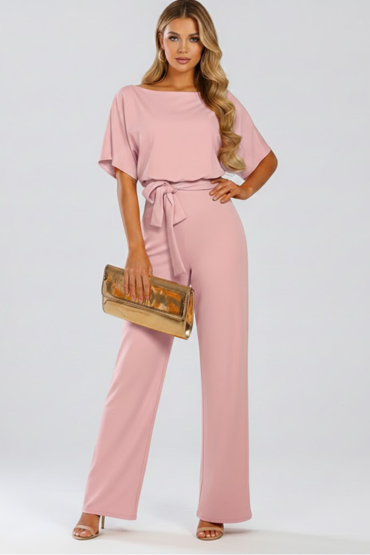Round Neck Tie-Waist Jumpsuit with Wide Legs