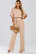 Round Neck Tie-Waist Jumpsuit with Wide Legs
