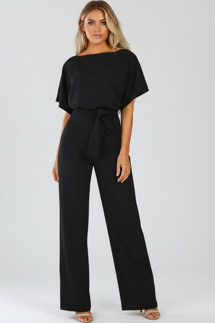 Round Neck Tie-Waist Jumpsuit with Wide Legs