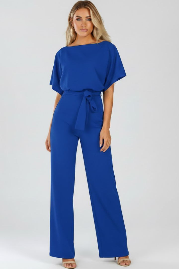 Round Neck Tie-Waist Jumpsuit with Wide Legs
