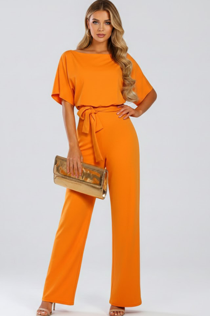 Round Neck Tie-Waist Jumpsuit with Wide Legs