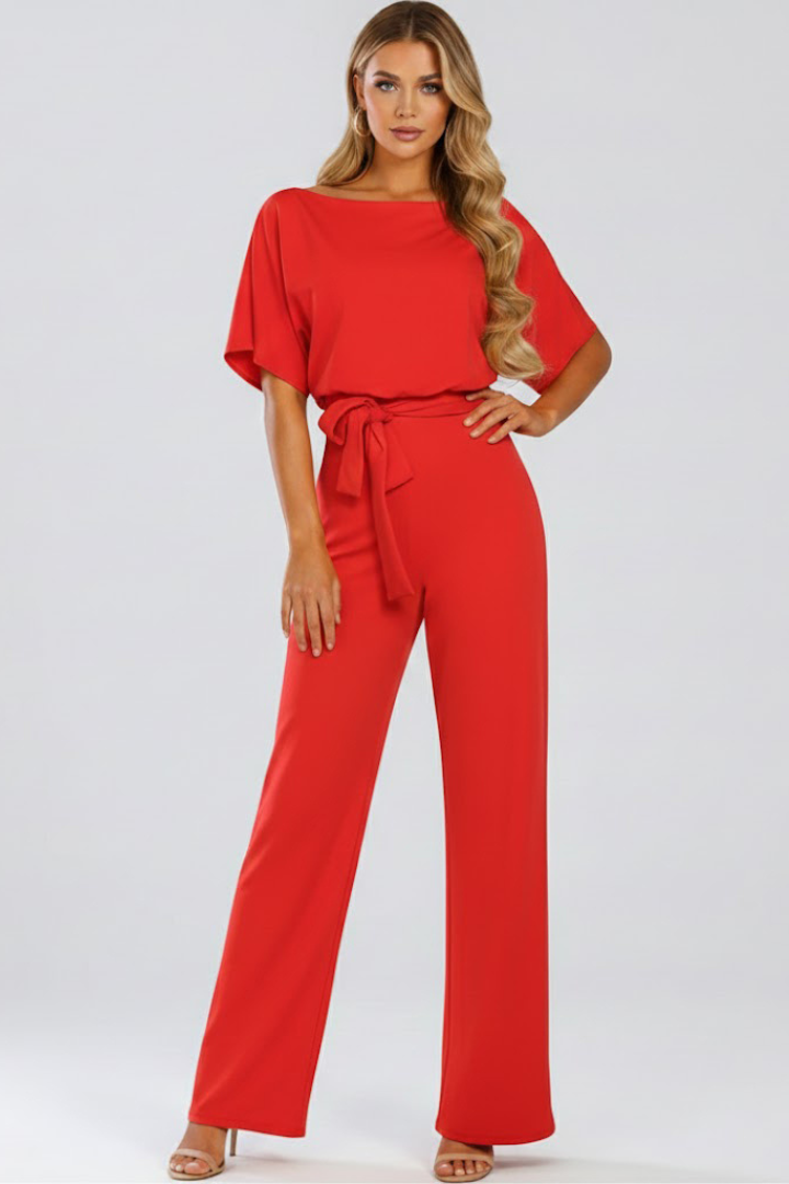 Round Neck Tie-Waist Jumpsuit with Wide Legs